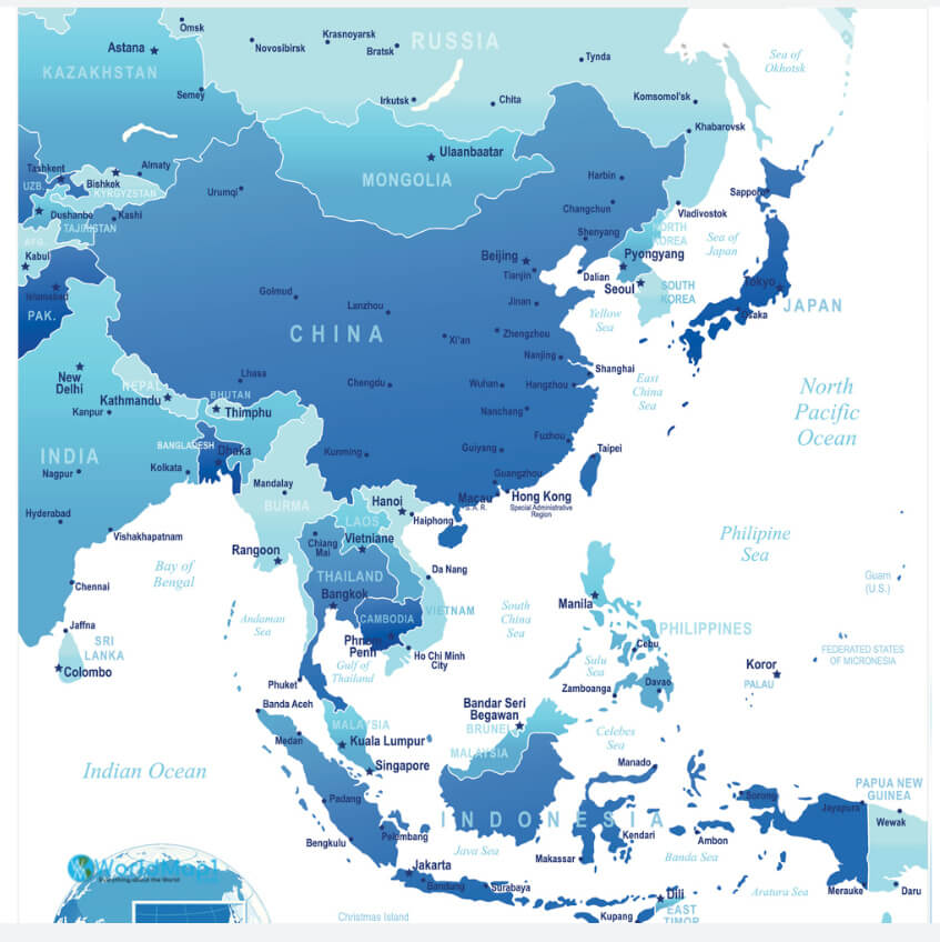 Carte des frontieres nationales des pays d'Asie de l'Est avec Taiwan